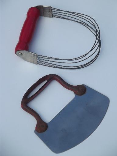 vintage kitchen utensils w/ painted wood handles, red plastic & bakelite