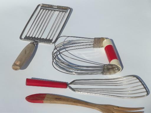 Lot of 5 Vintage Kitchen Utensils Red Wood Handles Farmhouse Decor