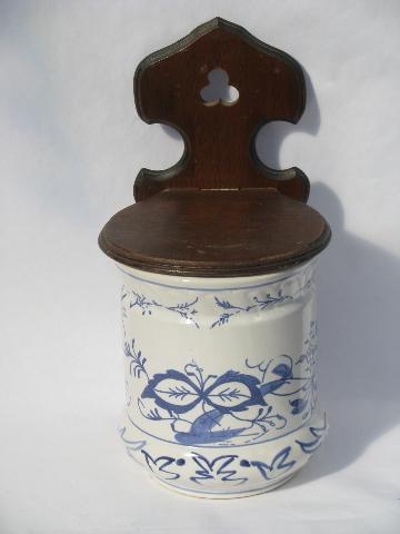 vintage kitchen wall box w/ wood bracket, large blue & white china canister