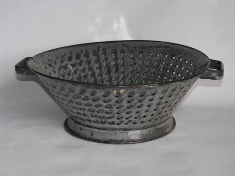vintage kitchenware, colander strainer basket lot, old graniteware enamel