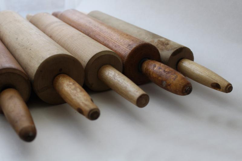 vintage kitchenware lot, collection of wood rolling pins from farmhouse kitchen