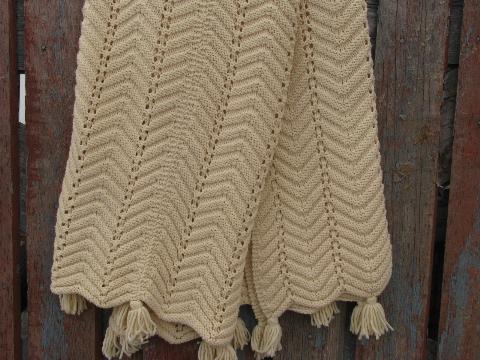 vintage knitted aran afghan throw blanket, soft and cozy cream acrylic
