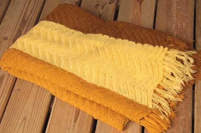 vintage knitted wool throw blanket, knit afghan in golden yellow fall harvest gold colors
