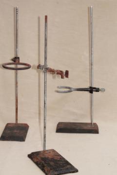 vintage lab beaker stands, heavy steel holder racks for laboratory glassware, bottles, flasks