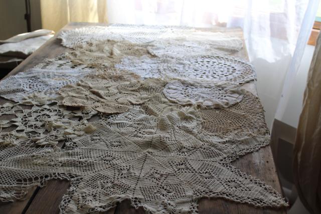 vintage lace doilies & star shape table mat centerpieces, crochet doily lot