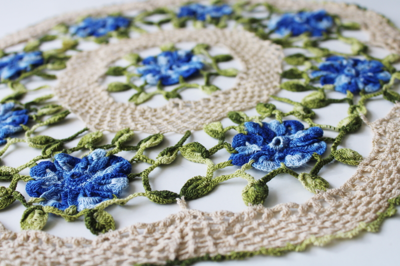 vintage lace doily, colored thread crochet flower pattern, blue w/ olive green