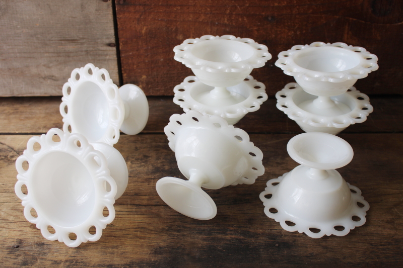 vintage lace edge milk glass candy dishes or flower planter bowls, rustic wedding 