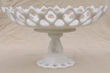 vintage lace edge milk glass compote bowl, Westmoreland Doric pattern pedestal dish