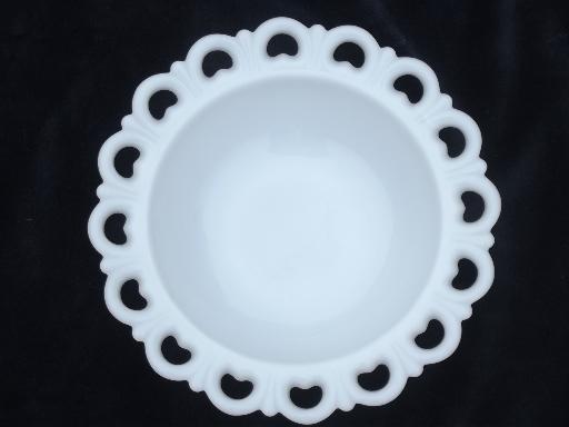 vintage lace edge milk glass dishes set, plates, bowls, sherbet dishes 