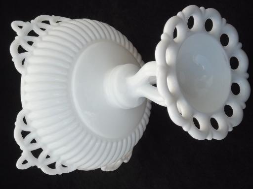 vintage lace edge milk glass flower bowls, Westmoreland Doric compotes