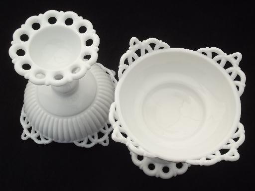 vintage lace edge milk glass flower bowls, Westmoreland Doric compotes