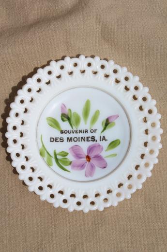 vintage lace edge milk glass plate, hand-painted souvenir of Des Moines