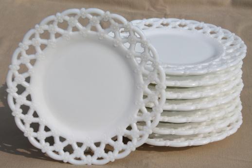 vintage lace edge milk glass plates, Westmoreland glass forget me not openwork border
