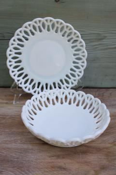 vintage lace edge milk glass set, candy dish or flower centerpiece bowl w/ plate