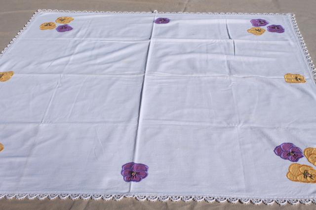vintage lace edged cotton tablecloth for luncheon / card table, appliqued pansies flowers