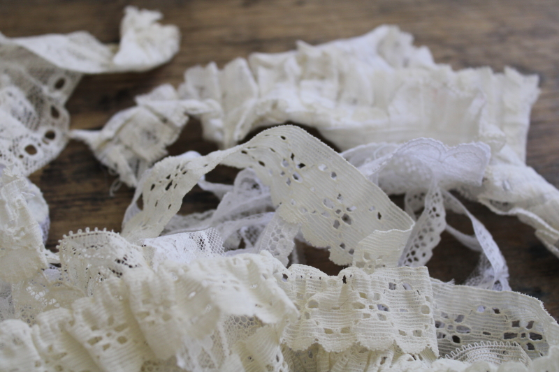vintage lace edgings, ruffled lace trims scrap remnants lot for crafts, sewing