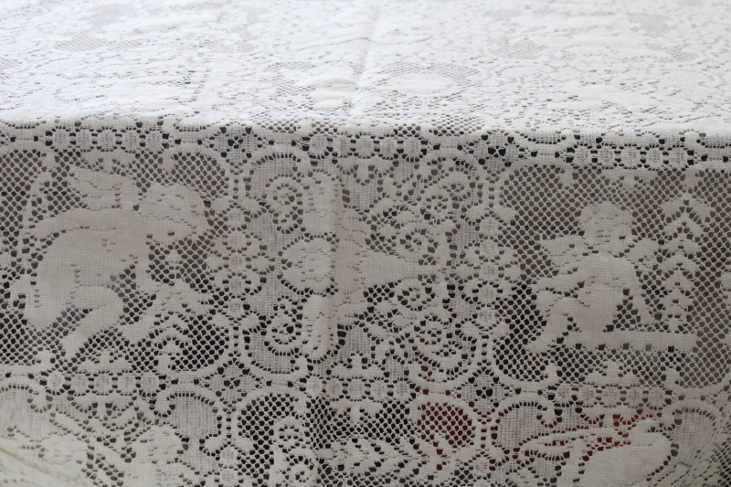 vintage lace tablecloth w/ putti cherubs pattern, romantic home decor cottage chic