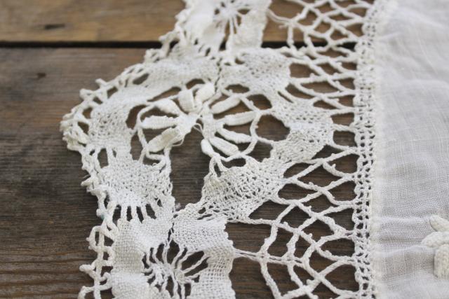 vintage lace trim linen doily, hand stitched padded embroidery table topper centerpiece