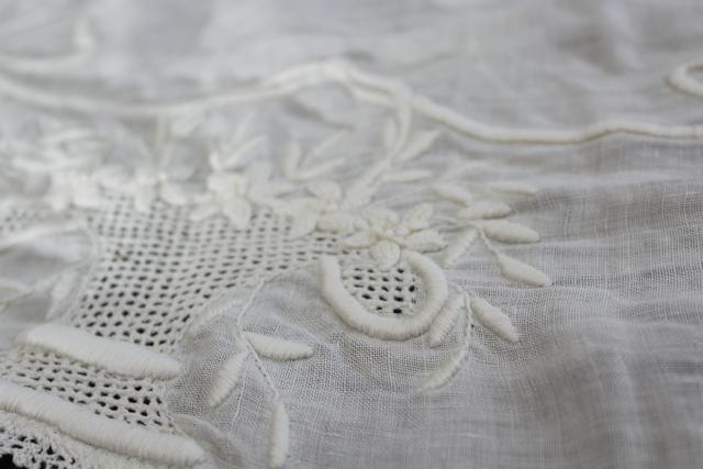 vintage lace trim linen doily, hand stitched padded embroidery table topper centerpiece