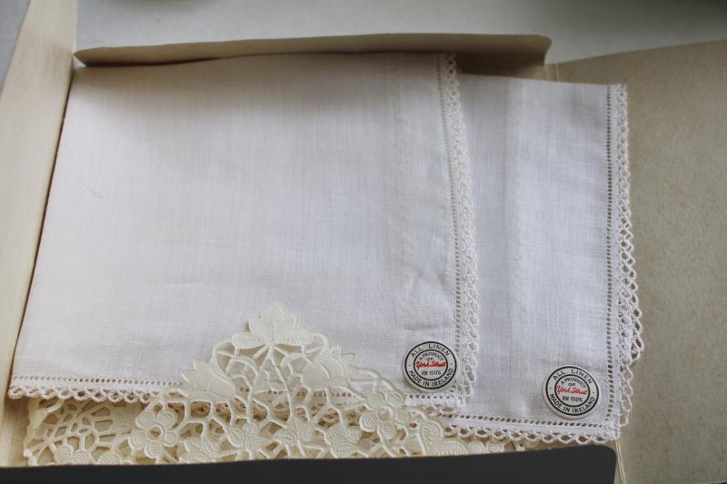 vintage lace trimmed Irish linen handkerchiefs w/ original labels, never used