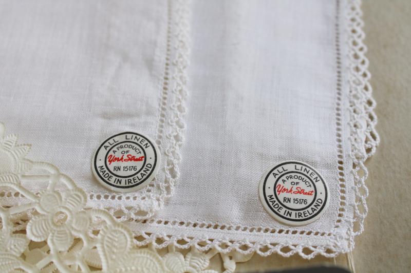 vintage lace trimmed Irish linen handkerchiefs w/ original labels, never used