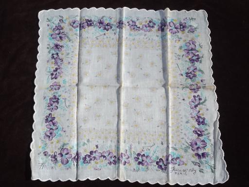 vintage ladies hankies lot, French flower print cotton handkerchiefs