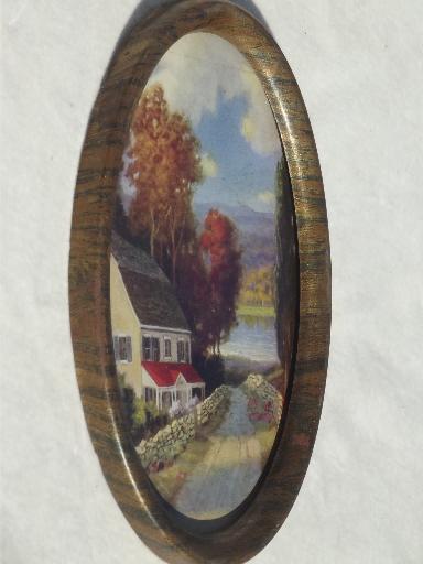 vintage lake cottage scene, oval framed print in antique tiger grained metal frame