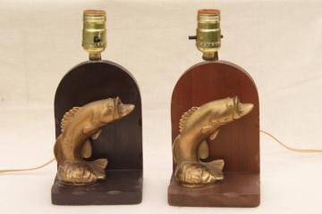 vintage lamps w/ cast metal fish, wood bookends lamp set, rustic fishing camp cabin style