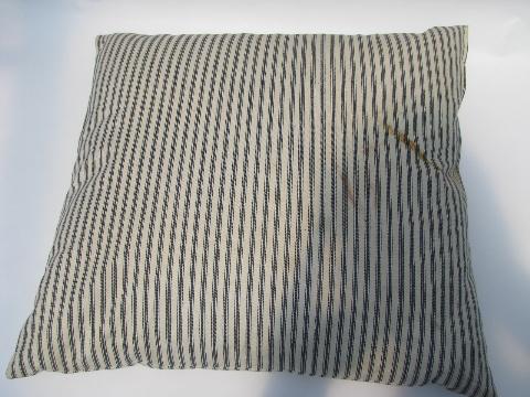 vintage large square feather pillows, old blue and white stripe ticking