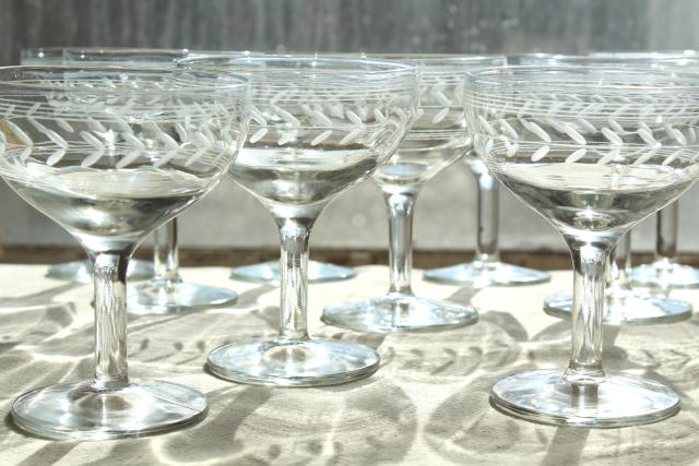 vintage laurel band vintage wheel cut etched glass champagne glasses, coupe champagnes