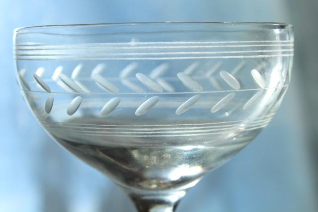 vintage laurel band vintage wheel cut etched glass champagne glasses, coupe champagnes