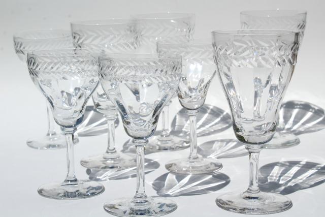 vintage laurel wreath wine & champagne glasses, Bryce etched optic glass goblets