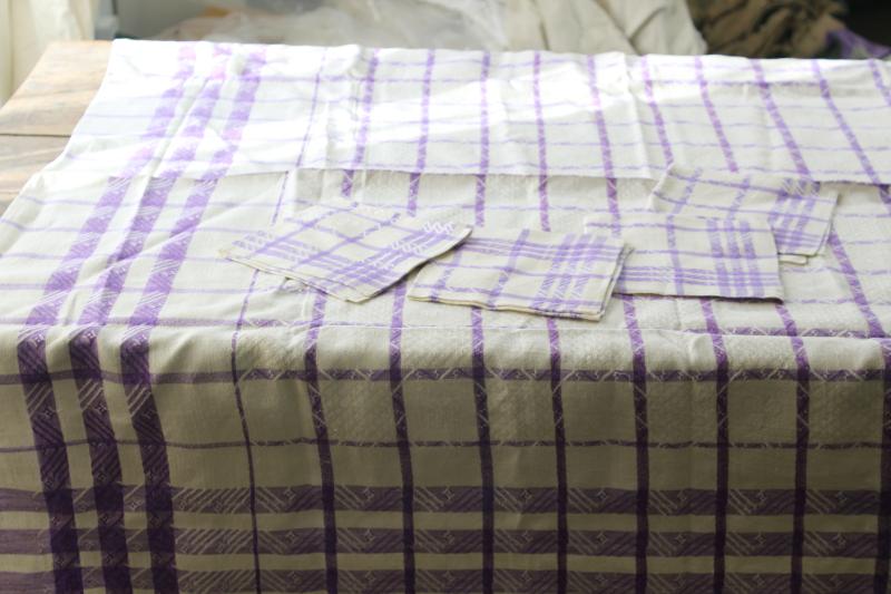 vintage lavender & cream linen damask tablecloth & napkins, french country kitchen table linens