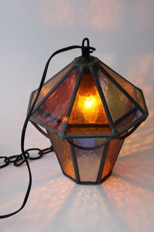 vintage leaded stained amber glass lantern hanging light pendant or swag lamp