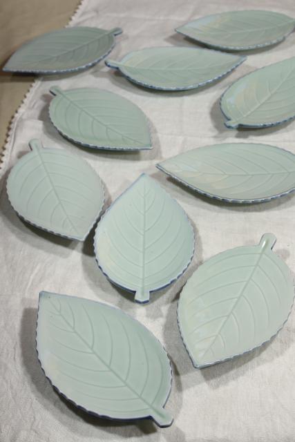 vintage leaf shaped dishes or side plates, celadon pottery leaves, duck egg green China chop mark