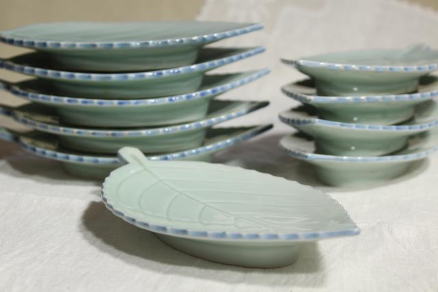 vintage leaf shaped dishes or side plates, celadon pottery leaves, duck egg green China chop mark