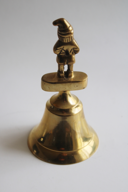 vintage leprechaun gnome figural bell, solid brass fairy chime hand bell