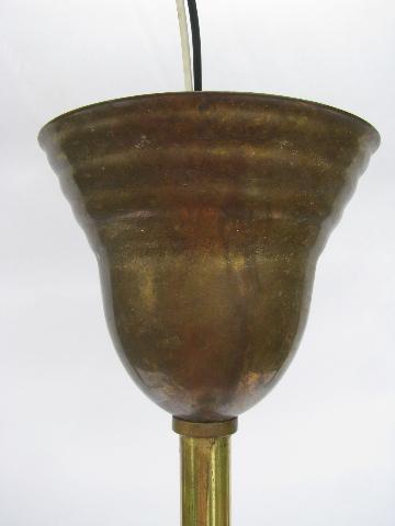 vintage lighting, brass rod schoolhouse or industrial pendant light, old glass lamp shade