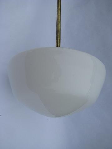 vintage lighting, brass rod schoolhouse or industrial pendant light, old glass lamp shade