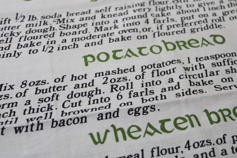 vintage linen cotton tea towel Irish recipes print, soda bread farls, potato bread