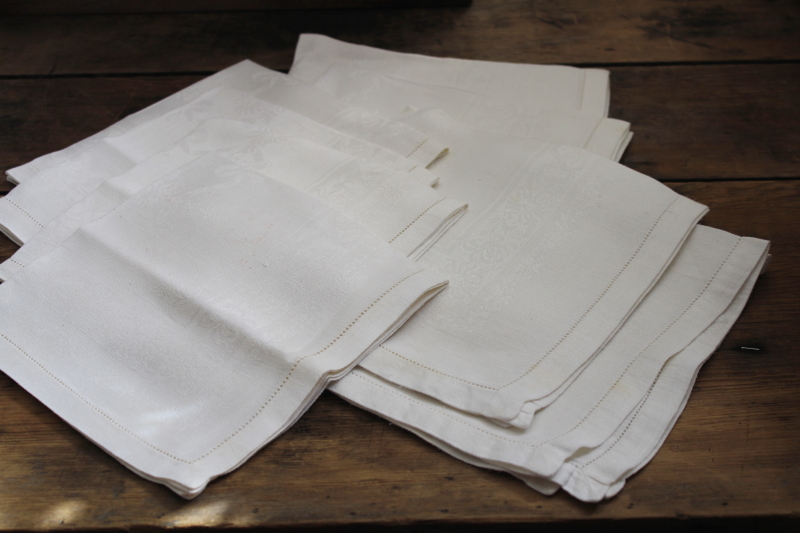 vintage linen damask dinner napkins  matching luncheon size, smooth crisp pure linen fabric