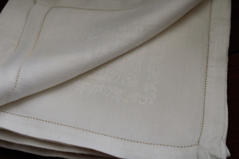 vintage linen damask dinner napkins  matching luncheon size, smooth crisp pure linen fabric