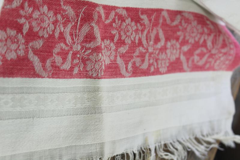 vintage linen damask fabric, antique bath or kitchen towels w/ turkey red woven borders