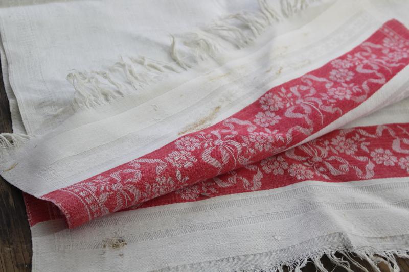 vintage linen damask fabric, antique bath or kitchen towels w/ turkey red woven borders