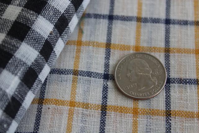 vintage linen fabric, black gingham checked material, tattersall blue & mustard gold