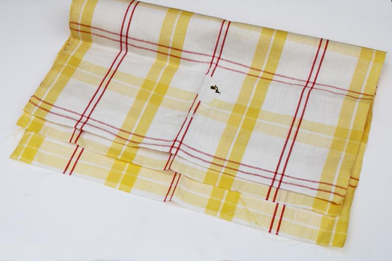vintage linen fabric for kitchen towel or table runner, yellow white plaid w/ red