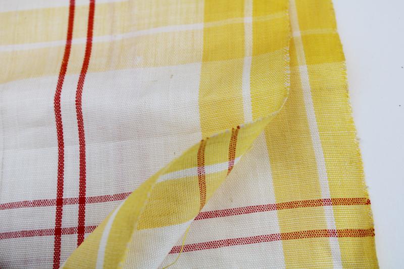 vintage linen fabric for kitchen towel or table runner, yellow white plaid w/ red