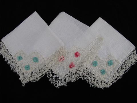 vintage linen handkerchiefs lot, crochet roses, wide lace edging