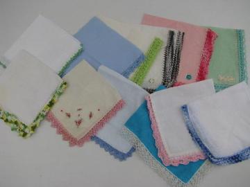 vintage linen handkerchiefs lot, handmade lace edging, crochet and tatting