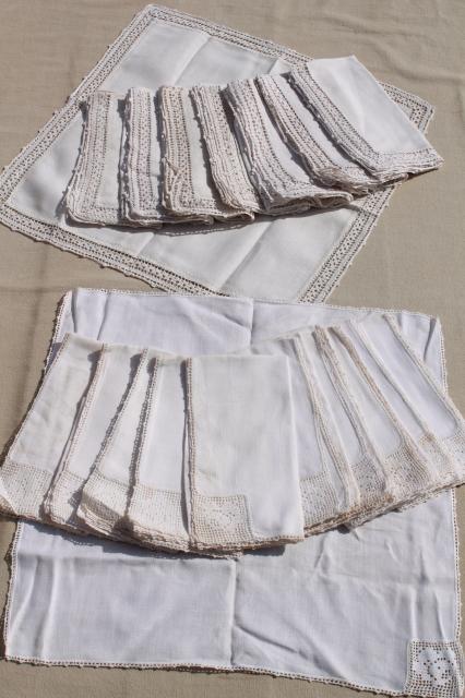 vintage linen napkins w/ lace & crochet edgings, cloth napkins elegant farmhouse style